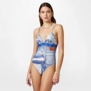 NWT Womens Chiara Ferragni Blue Denim Look Underwire Swimsuit 3 IT/36 M/US
